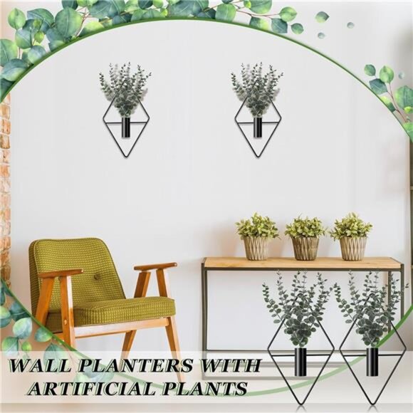 Hanging Wall Planters with Artificial Plants Indoor Metal Geometric Home Decor S - Picture 4 of 7